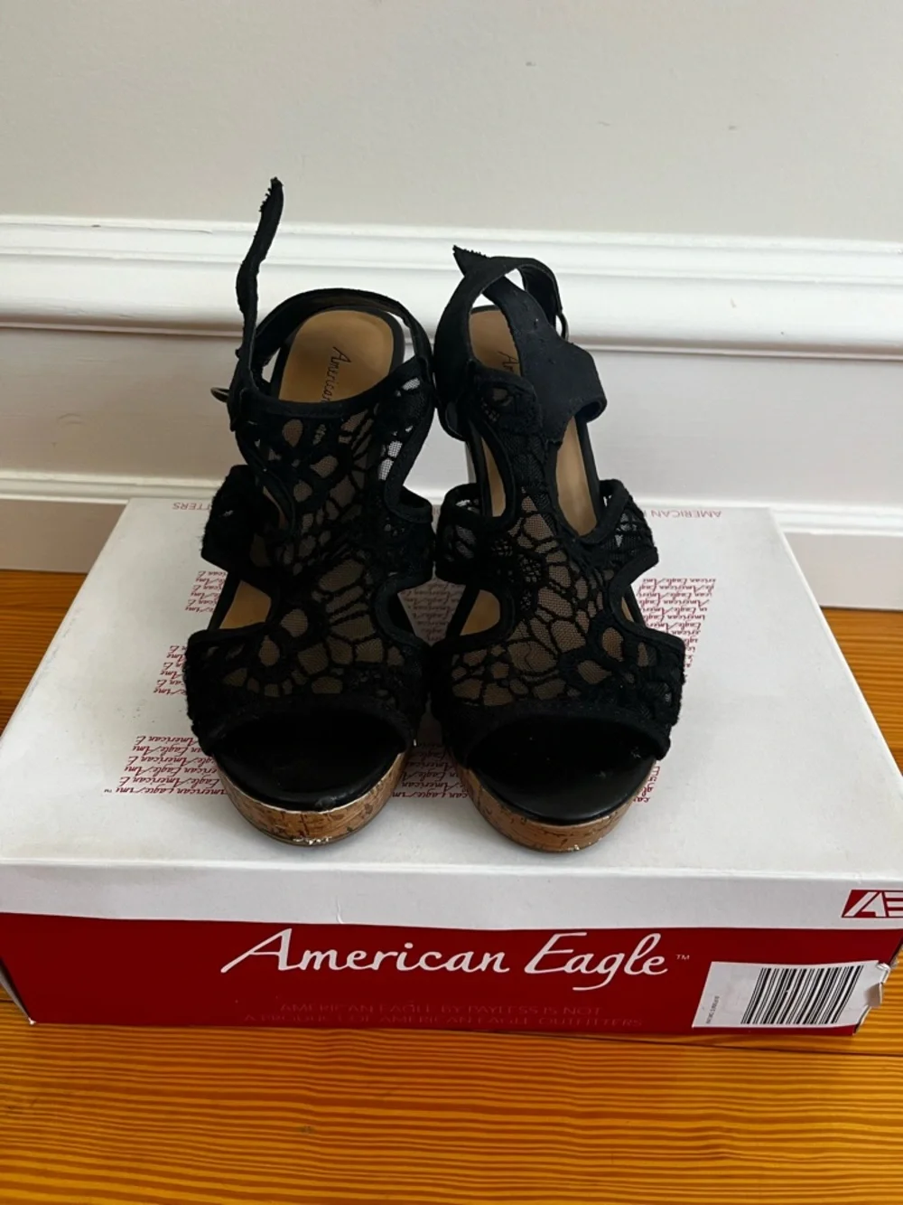 American Eagle Outfitters Black Lace Cork Wedge Sandals - Picture 2 of 7